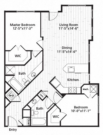 Floor plan for 2 beds, 2 baths, 1107 sqft